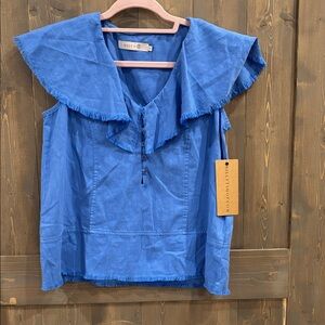 Billy T Stylish Blue Frayed Collar Blouse
